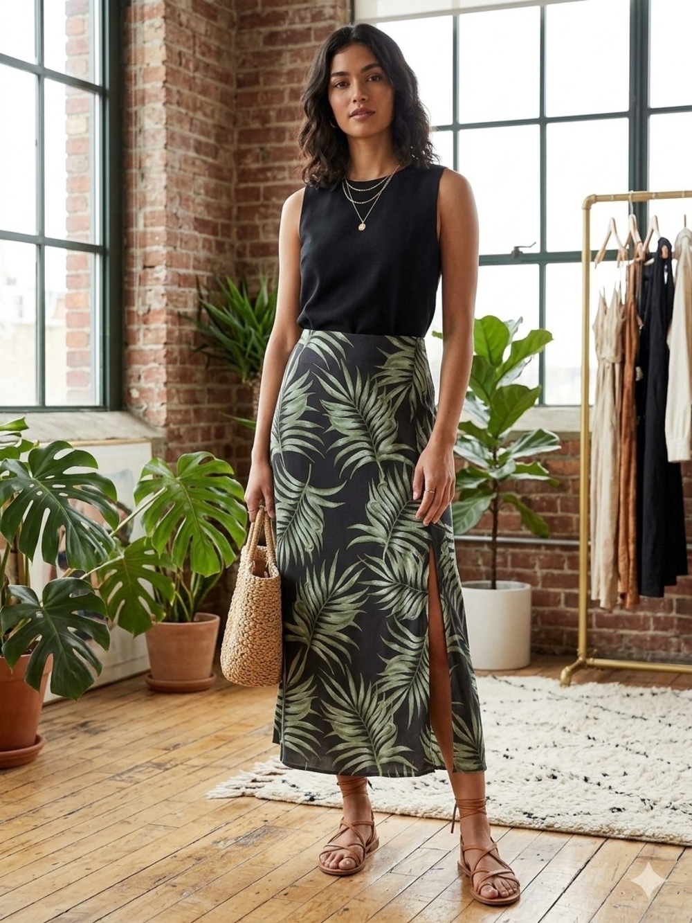 SHEIN Black Maxi Skirt with Green Palm Print and Side Slit